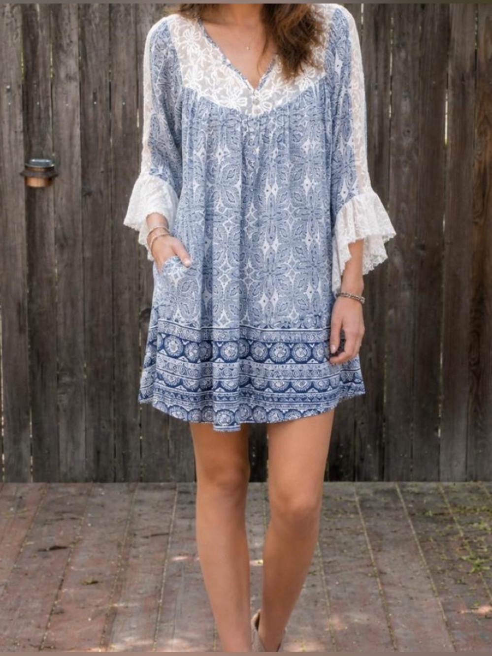 Umgee Boho Paisley Lace Yolk Bell Sleeve Dress